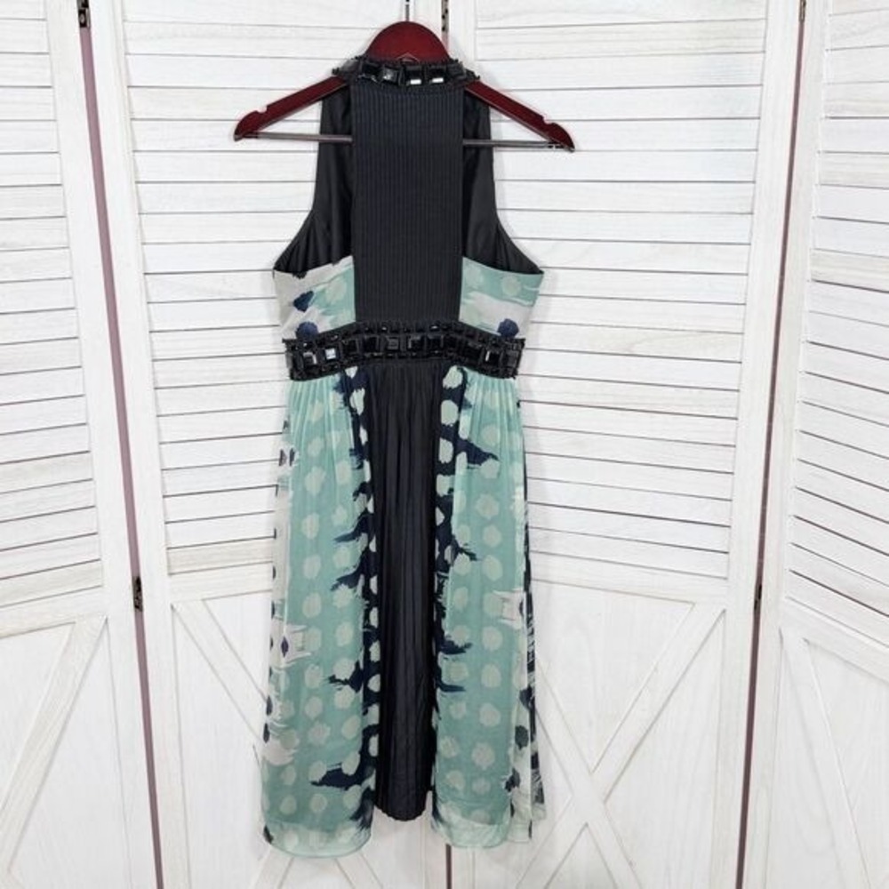 Zara Beaded Silk Pleated Multi Pattern Fit Flare Halter Dress Black Teal Medium - Picture 11 of 15